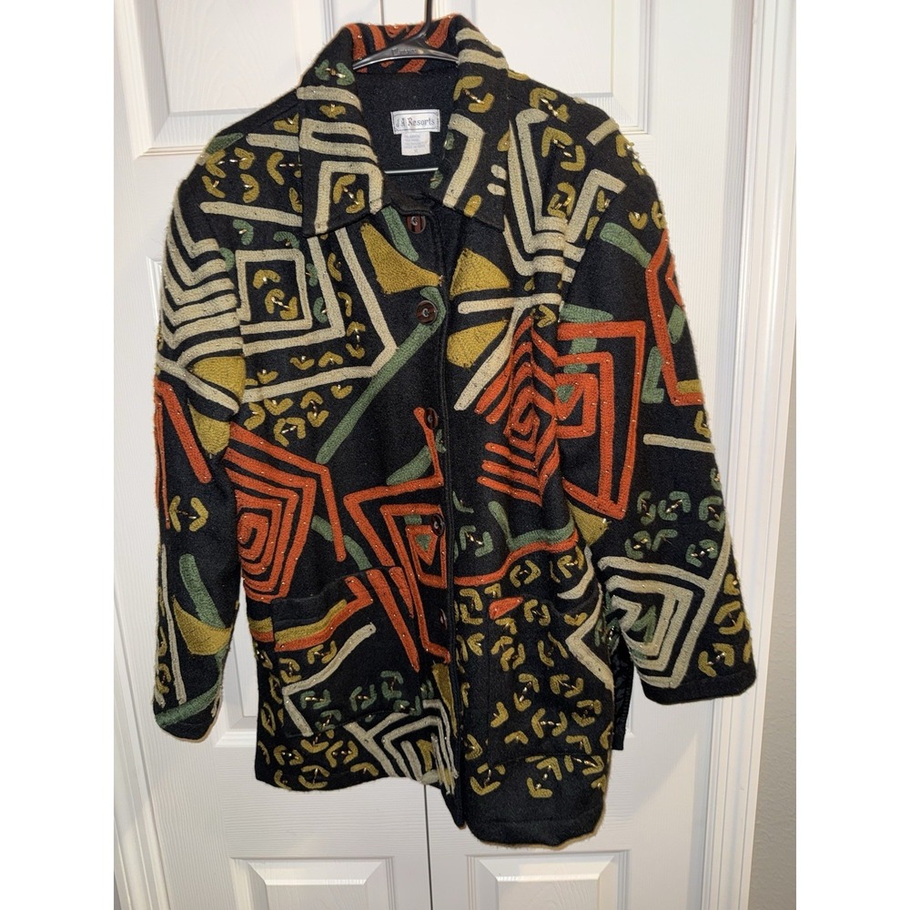 JA Resort Vintage Black Wool Blend Embellished Sz M Rasta Retro‎ Jacket Coat